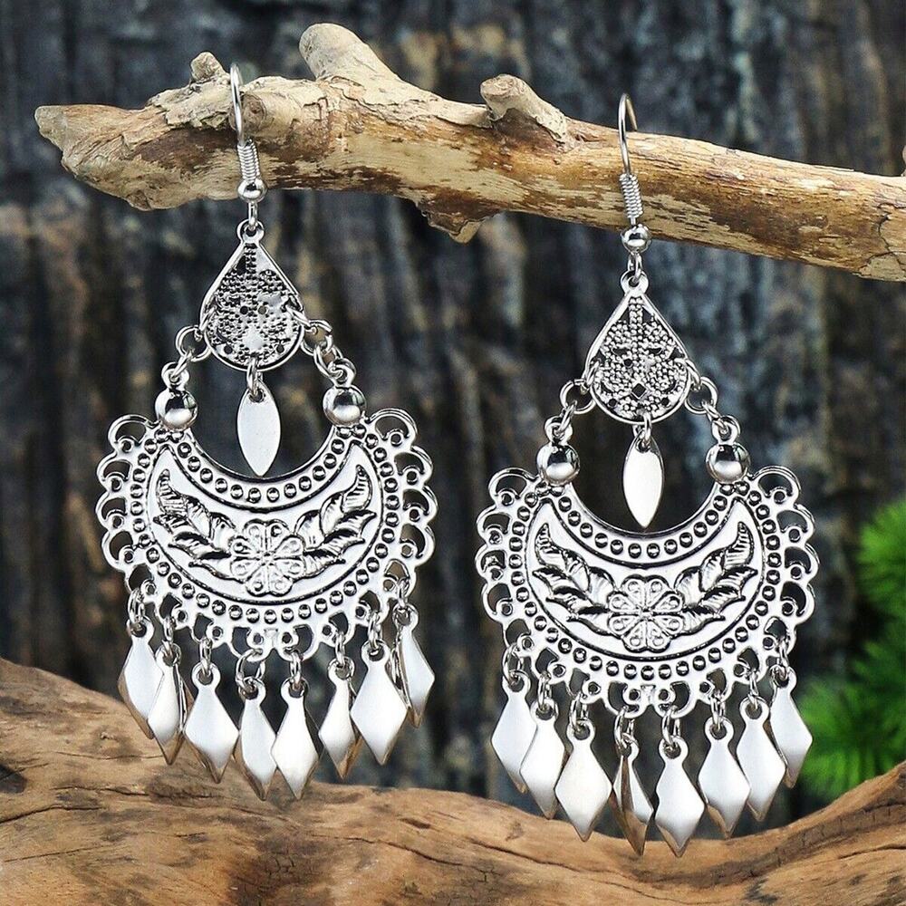Silver Ethnic Arrow Aztec Style Geometric Tassel Alloy Drop Earrings Boho Oval‎ - Picture 4 of 5